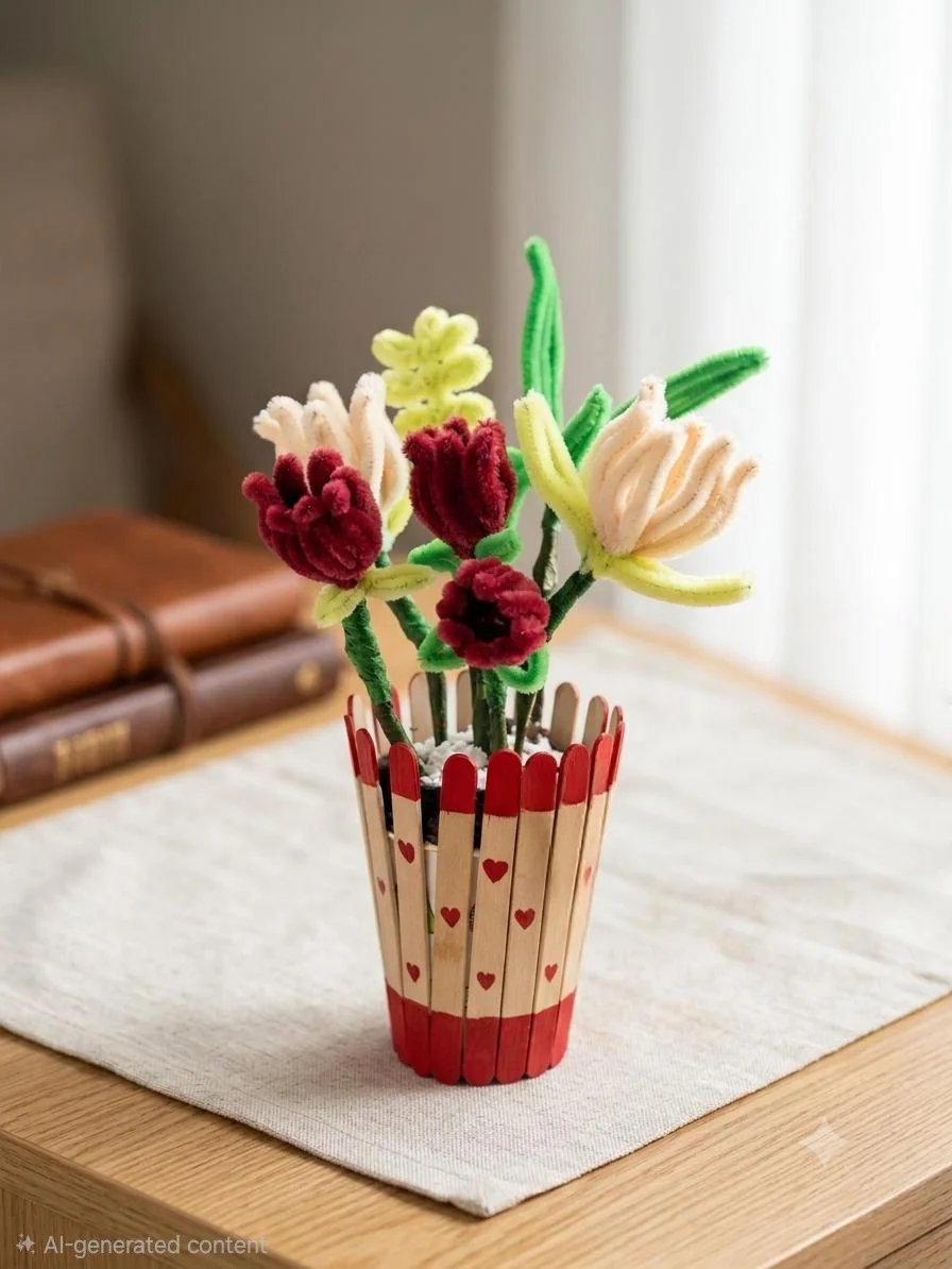 Hearts picket vase with chenille flowers